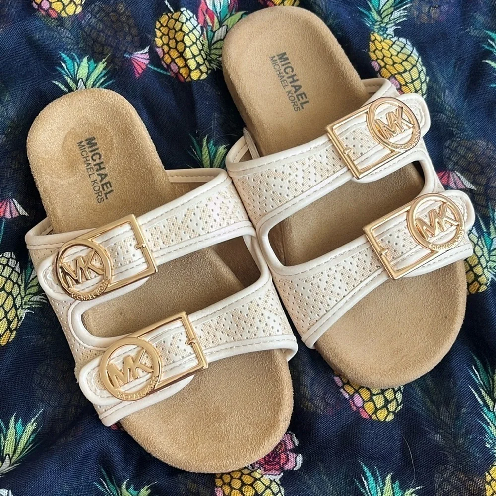 Brand New Michael Kors Zoria Adjustable Strap Slides Sandals Blush Gold Tone
